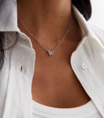Silver Cubic Zirconia Butterfly Pendant Necklace New Look