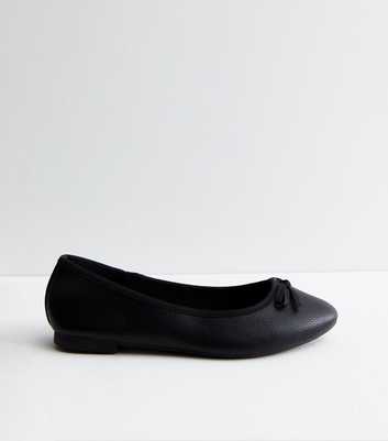 Extra Wide Fit Black Leather-Look Bow Front Ballerina Pumps