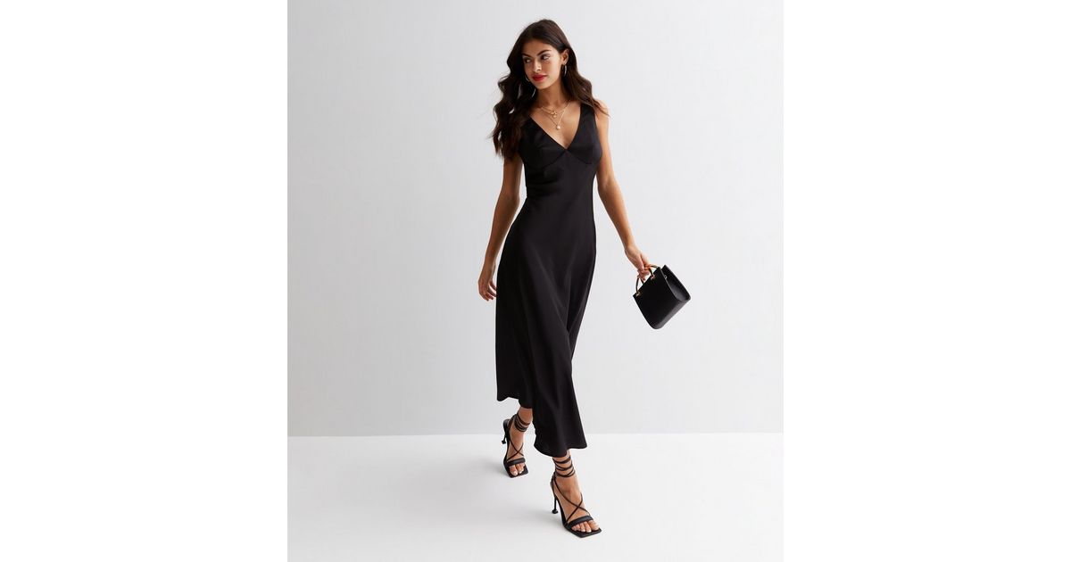 Gini London Black Satin V Neck Midaxi Slip Dress New Look 8287