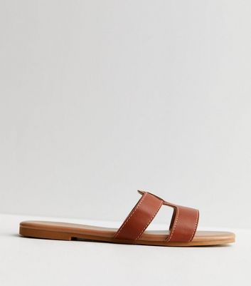 Tan Leather-Look Sliders | New Look
