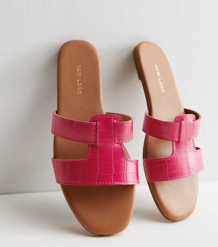 Bright Pink Faux Croc Sliders