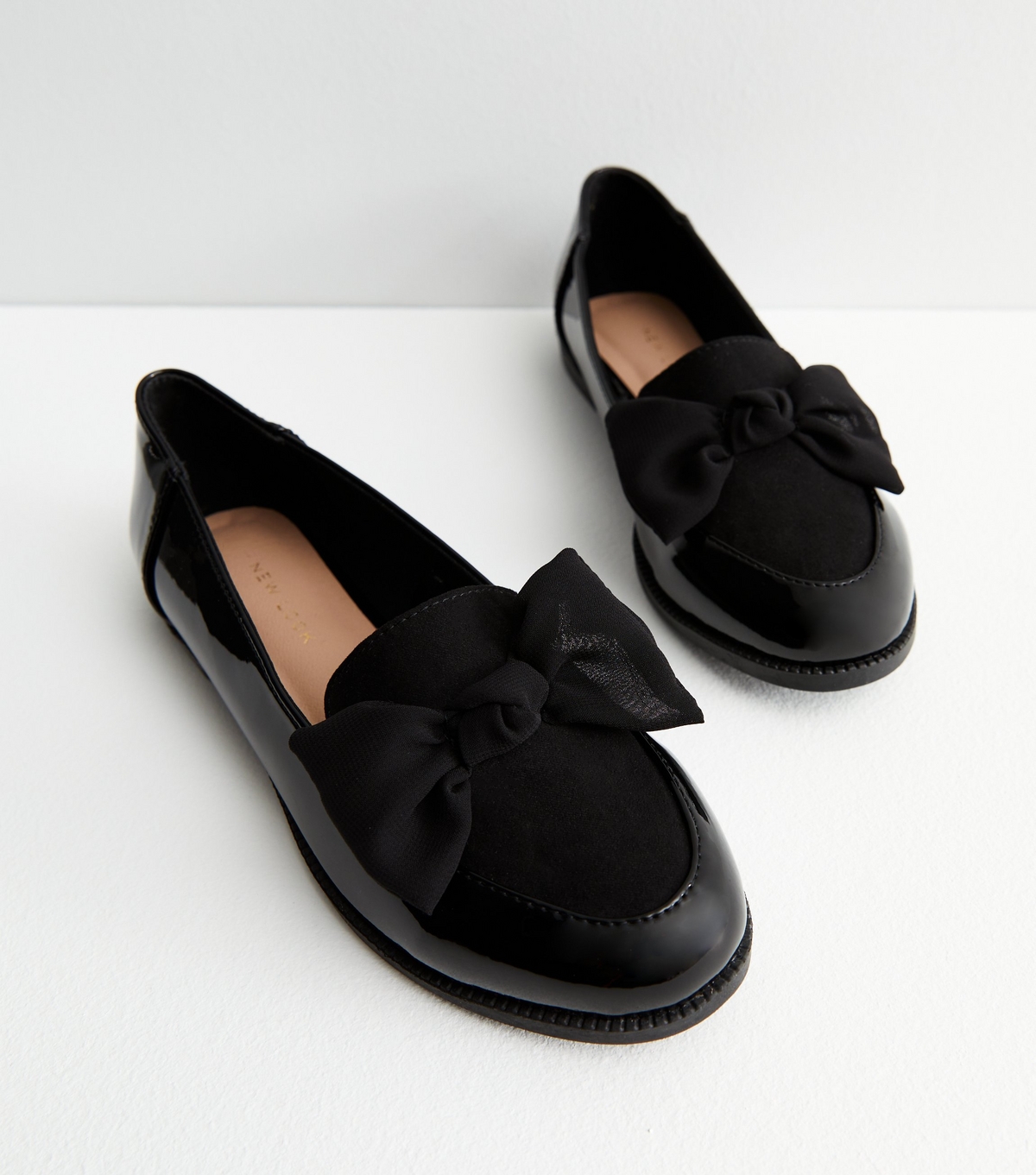 Women's Black Patent Suedette Bow Loafers Vegan New Look