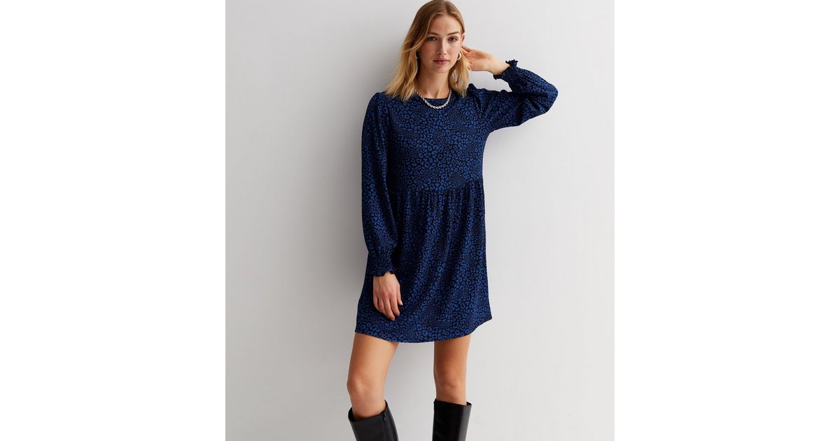 Blue Animal Print Jersey Crinkle Mini Smock Dress New Look