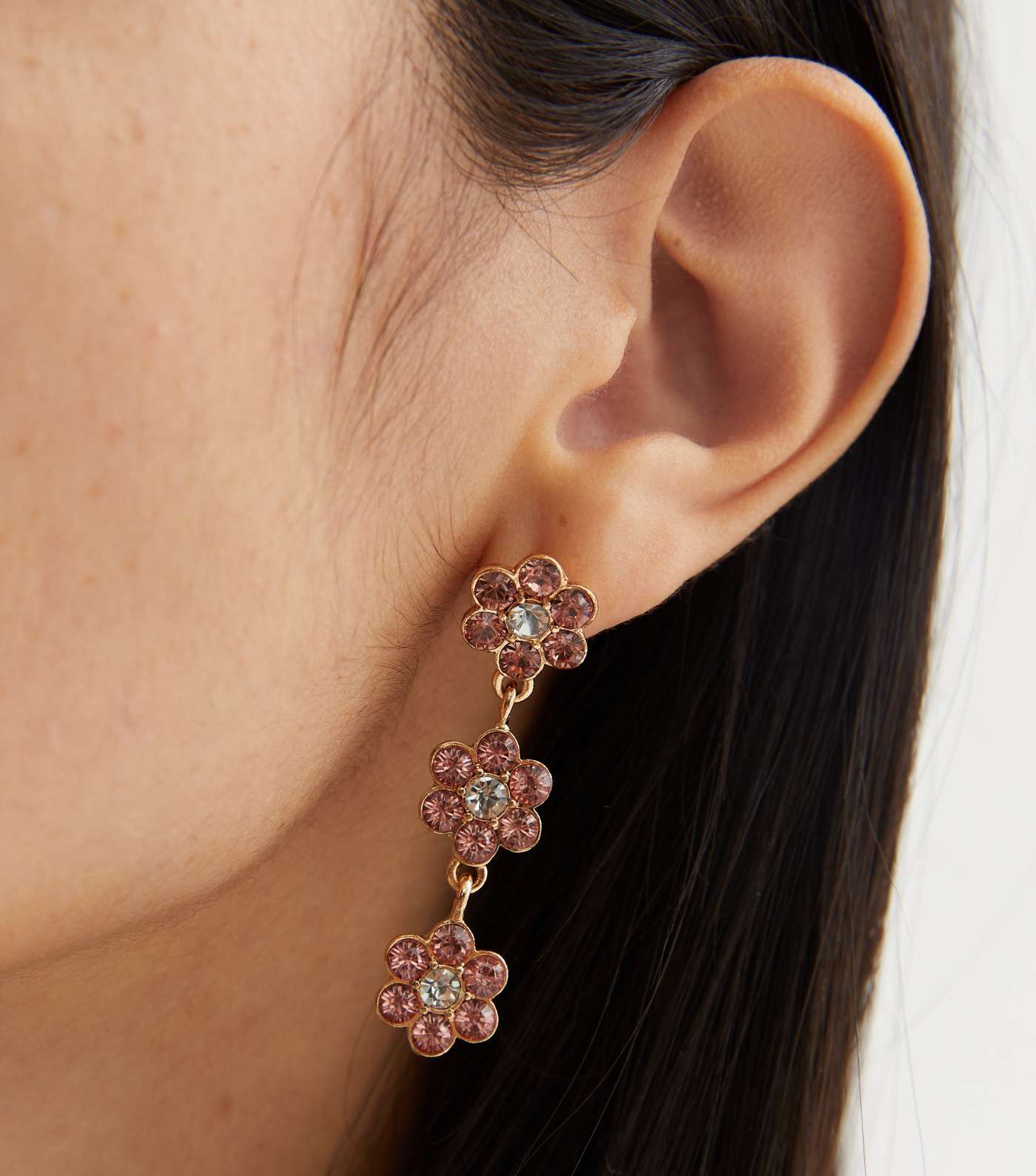 Pink Floral Diamanté Drop Earrings Image 2