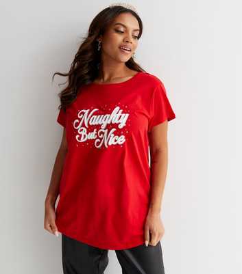 Curves Red Naughty But Nice Christmas Logo T-Shirt