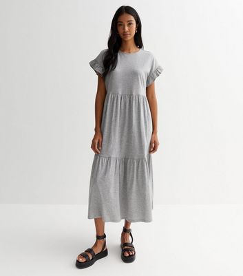 Grey Jersey Frill Sleeve Midi Smock Dress