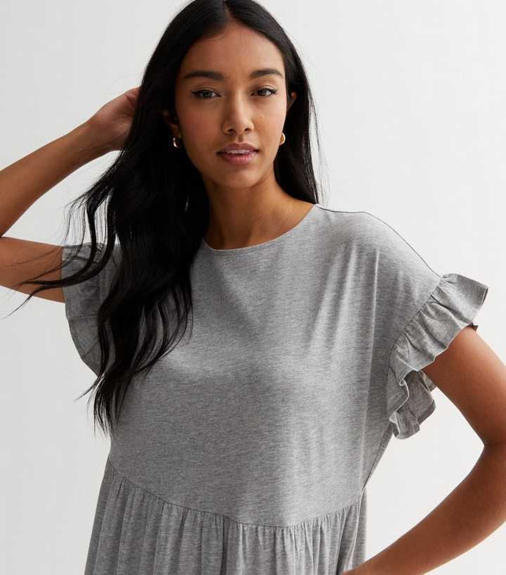 Grey Jersey Frill Sleeve Midaxi Smock Dress