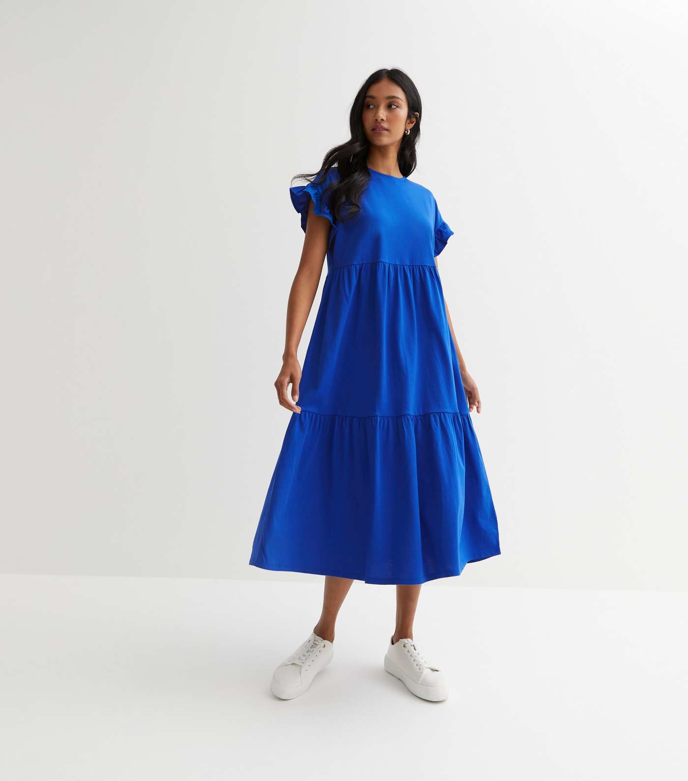 Bright Blue Jersey Frill Sleeve Midi Smock Dress Image 3