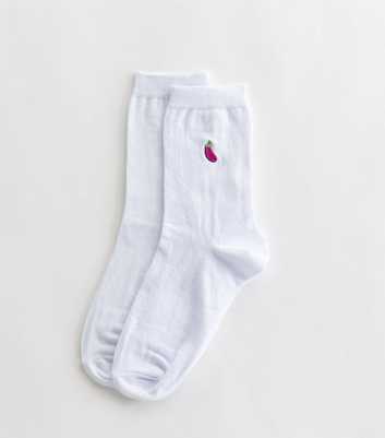 White Embroidered Aubergine Socks