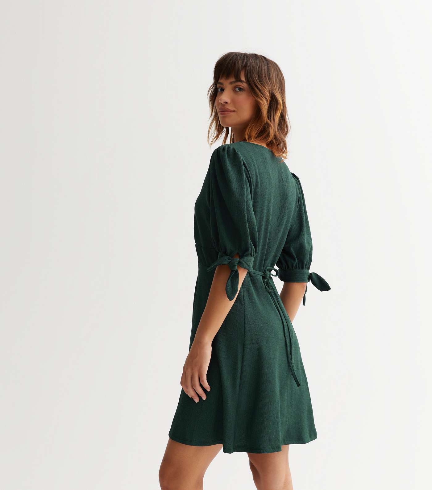 Dark Green Crinkle Jersey Tie Back 1/2 Sleeve Mini Dress Image 4