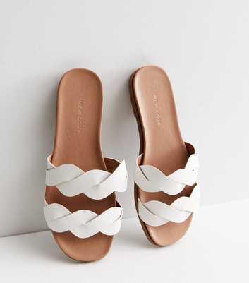 White Leather-Look Plaited Strap Footbed Sliders