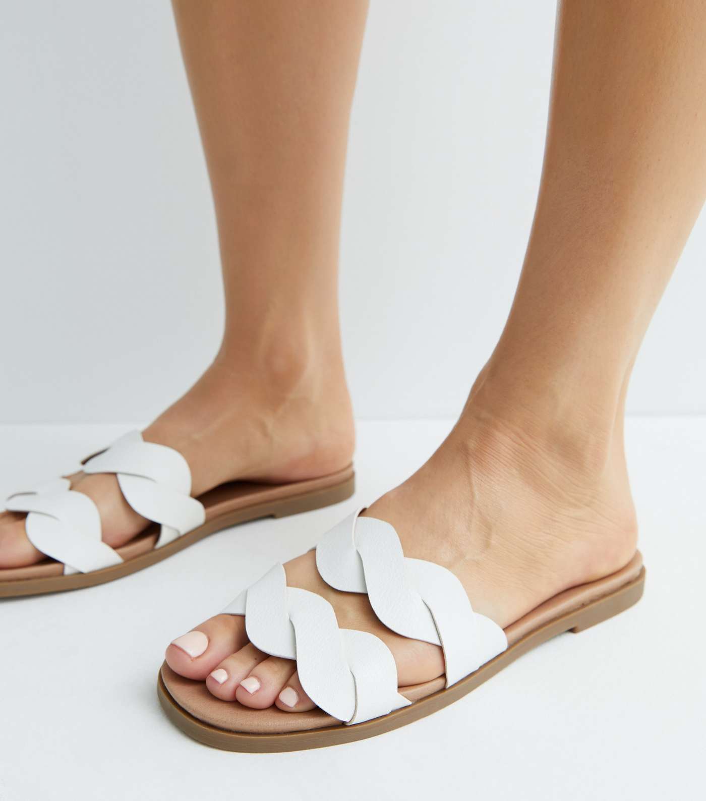 White Leather-Look Plaited Strap Footbed Sliders Image 2