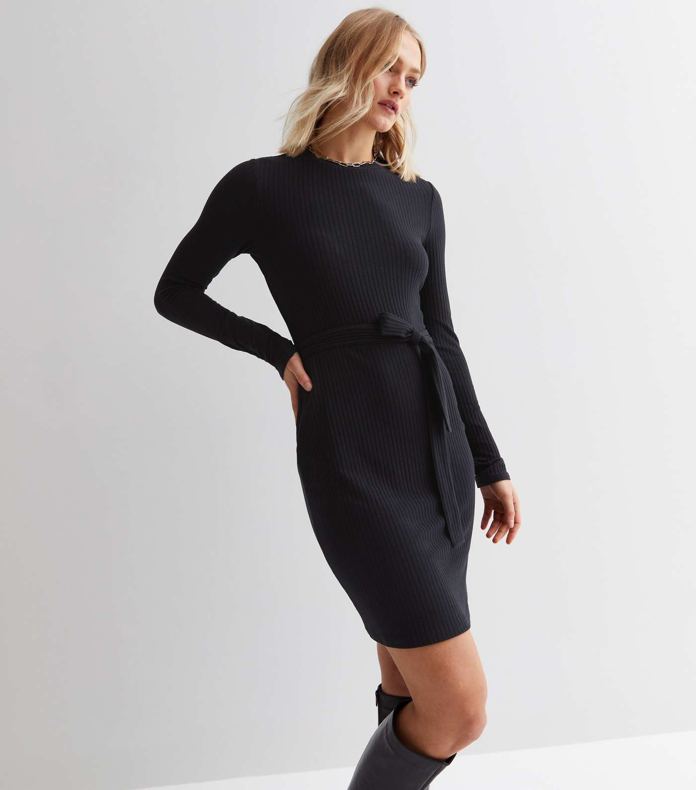 Black Ribbed Jersey Long Sleeve Belted Mini Dress