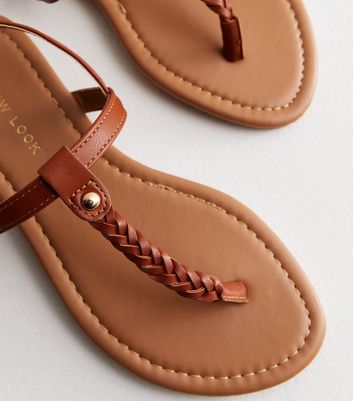 tan leather look plaited toe post sandals