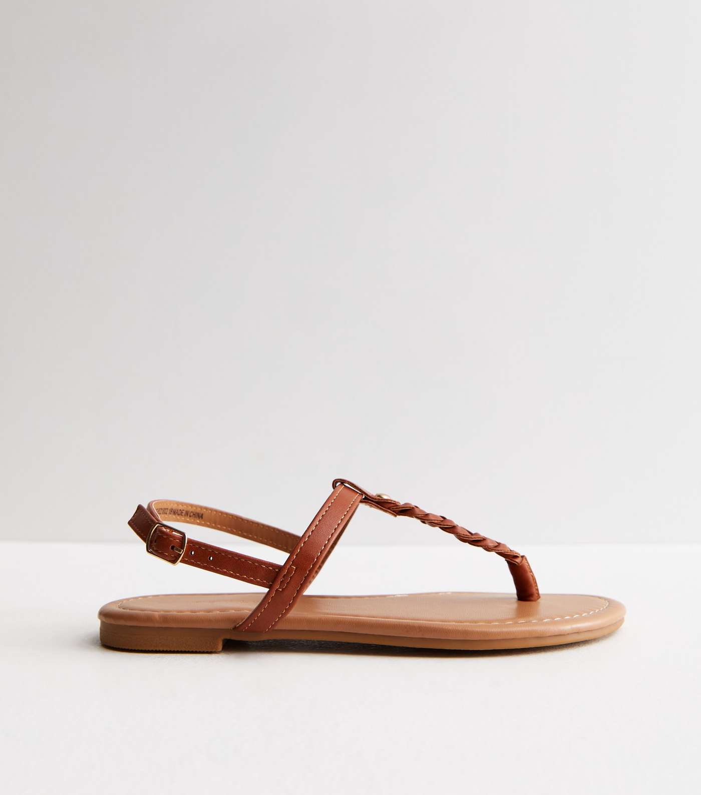 Tan Leather-Look Plaited Toe Post Sandals Image 3