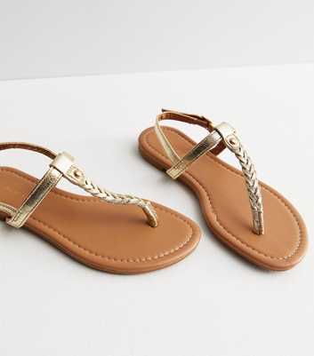 Gold Leather-Look Plaited Toe Post Sandals