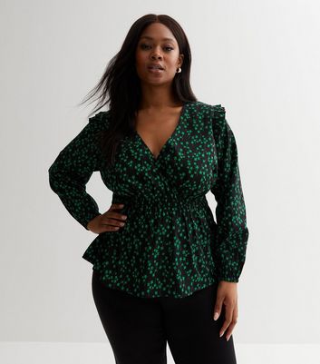 Curves Black Floral Frill Wrap Peplum Top