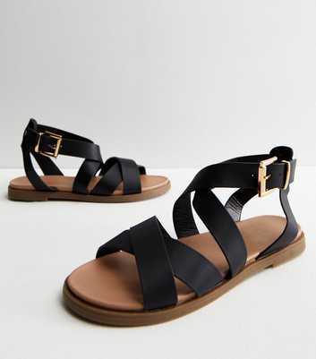 Black Leather-Look Strappy Footbed Sandals