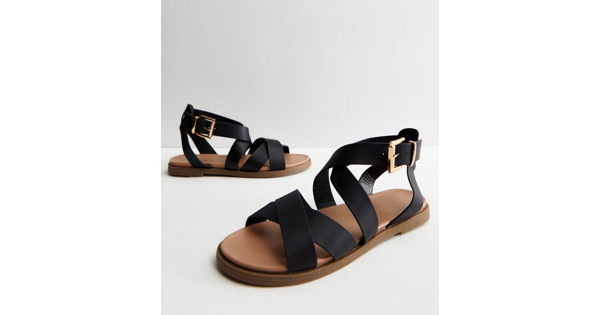 Black Leather-Look Strappy Footbed Sandals | New Look