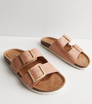 Pink Double Buckle Strap Footbed Sliders | New Look