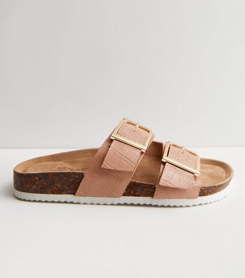 Pink Double Buckle Strap Footbed Sliders | New Look