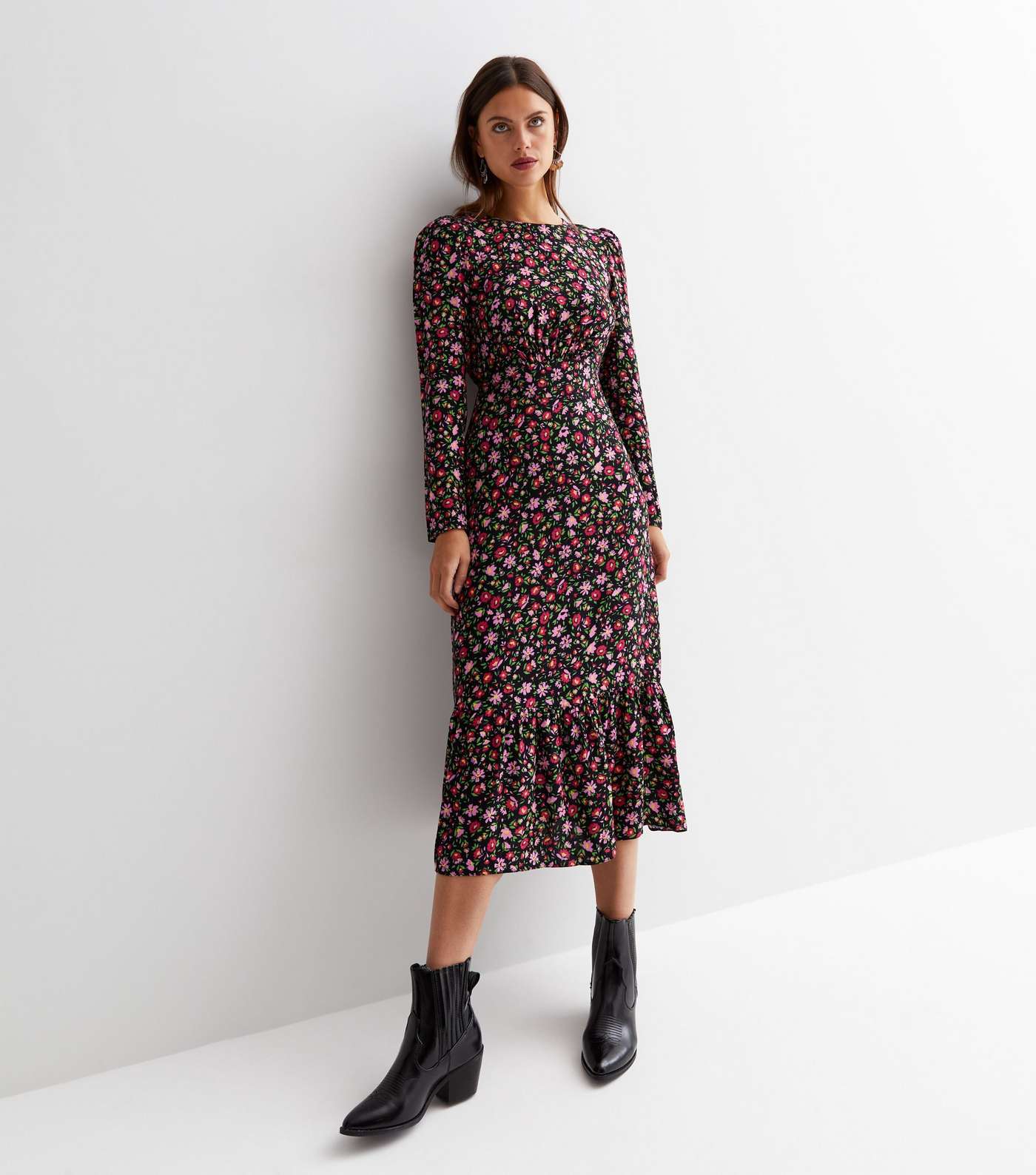 Black Ditsy Floral Long Sleeve Ruched Midi Dress