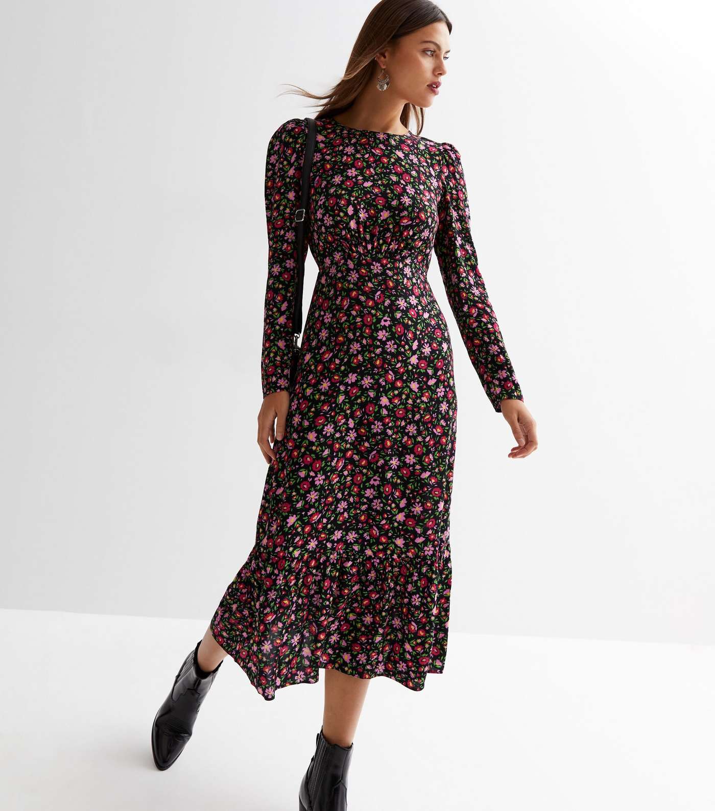Black Ditsy Floral Long Sleeve Ruched Midi Dress Image 3
