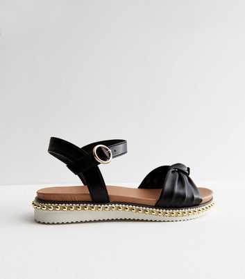 Wide Fit Black Leather-Look Beaded Footbed Sandals