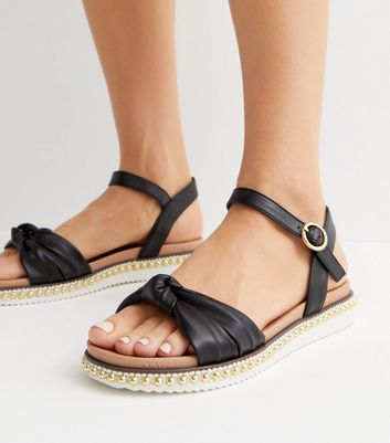 Wide Fit Black Leather Look Beaded Footbed Sandals New Look