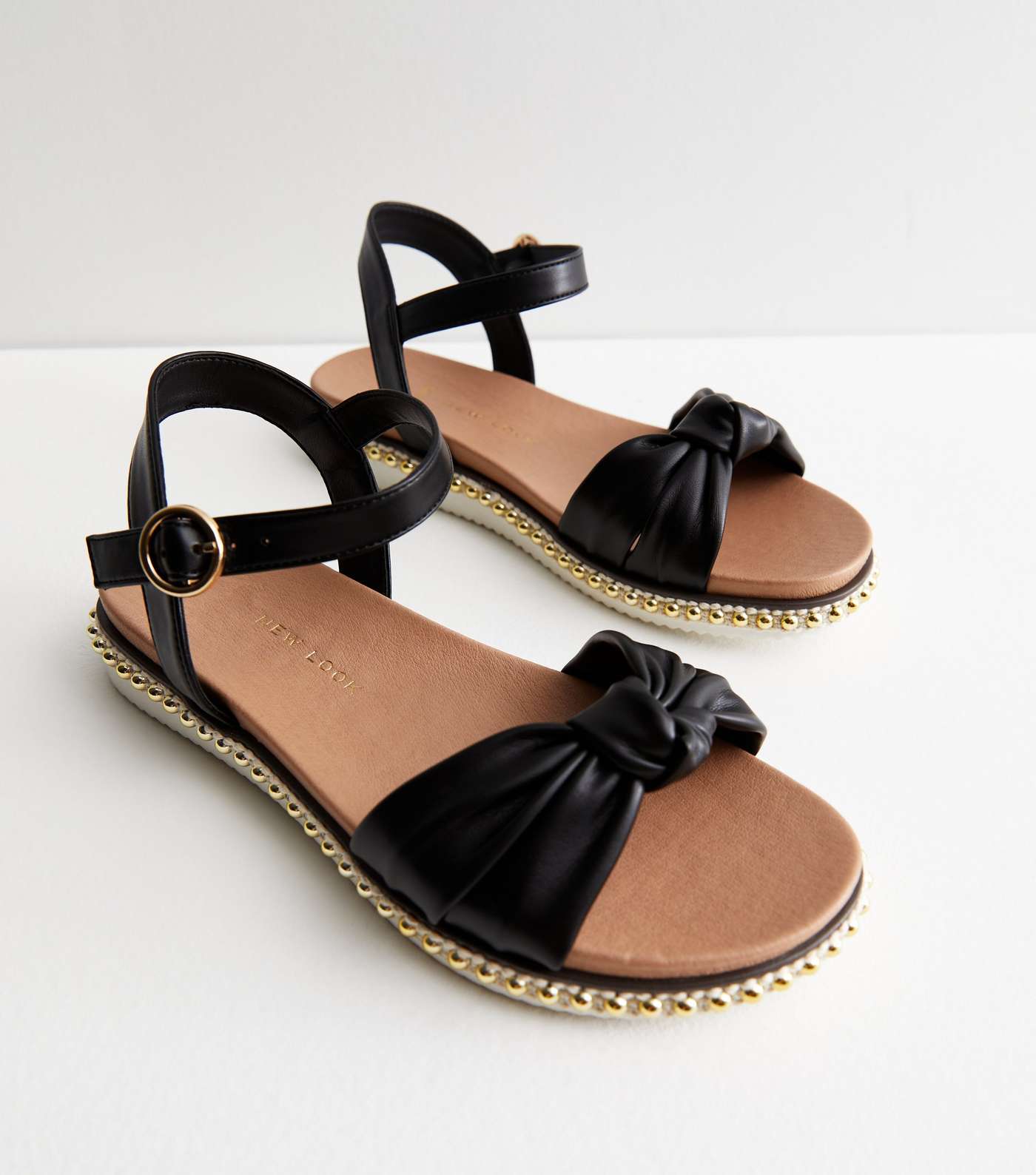 Wide Fit Black Leather-Look Beaded Footbed Sandals Image 3