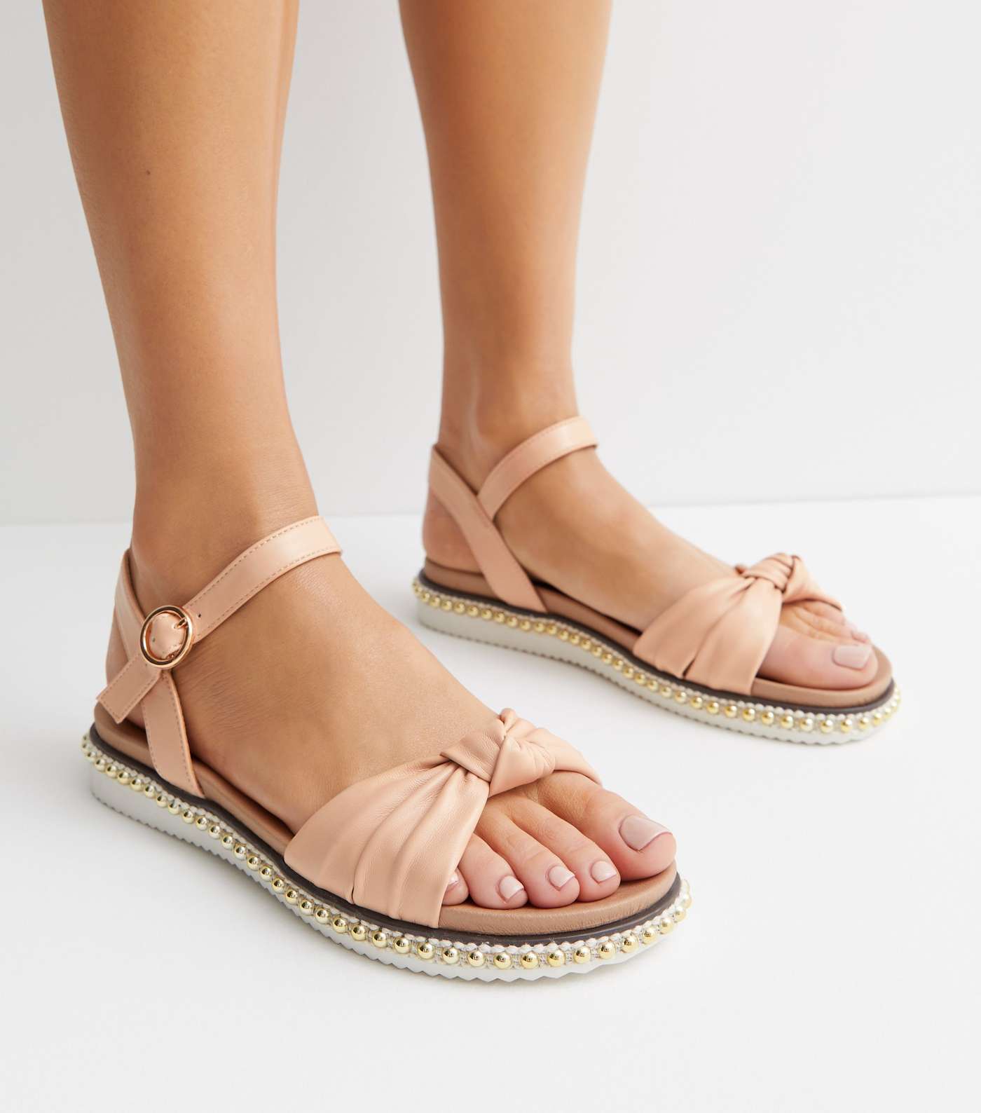 Wide Fit Pale Pink Leather-Look Beaded Footbed Sandals Image 2