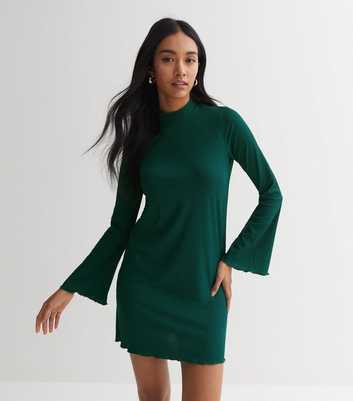 Dark Green Ribbed Long Flared Sleeve Frill Hem Mini Dress