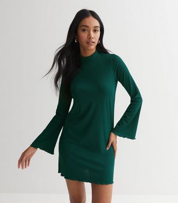 Dark Green Ribbed Long Flared Sleeve Frill Hem Mini Dress