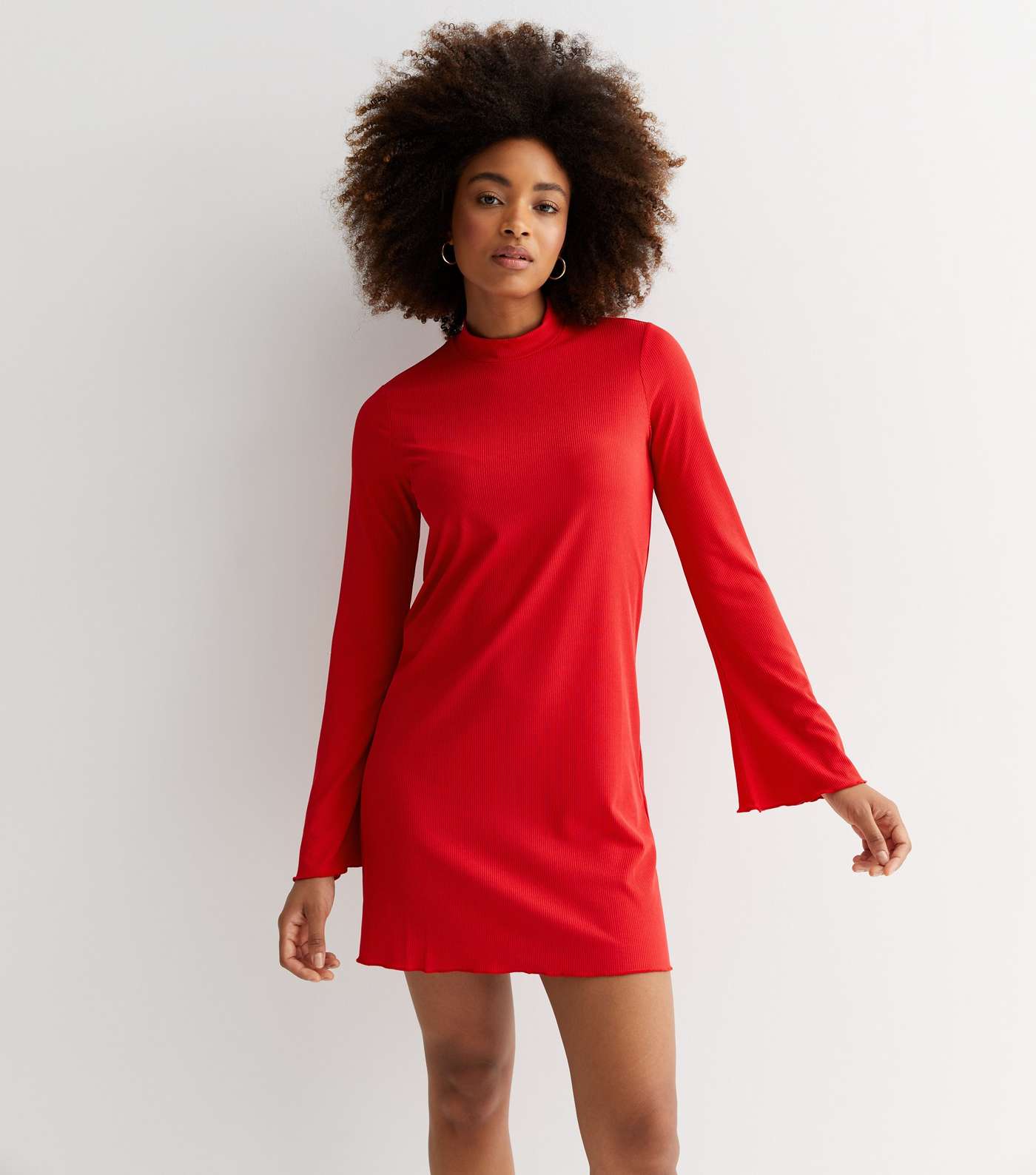 Red Ribbed Frill Flared Sleeve Mini Dress