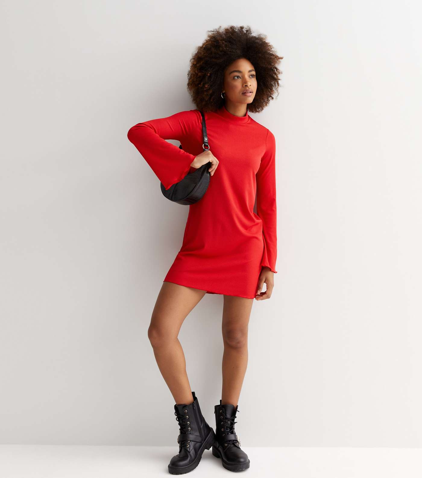 Red Ribbed Frill Flared Sleeve Mini Dress Image 3