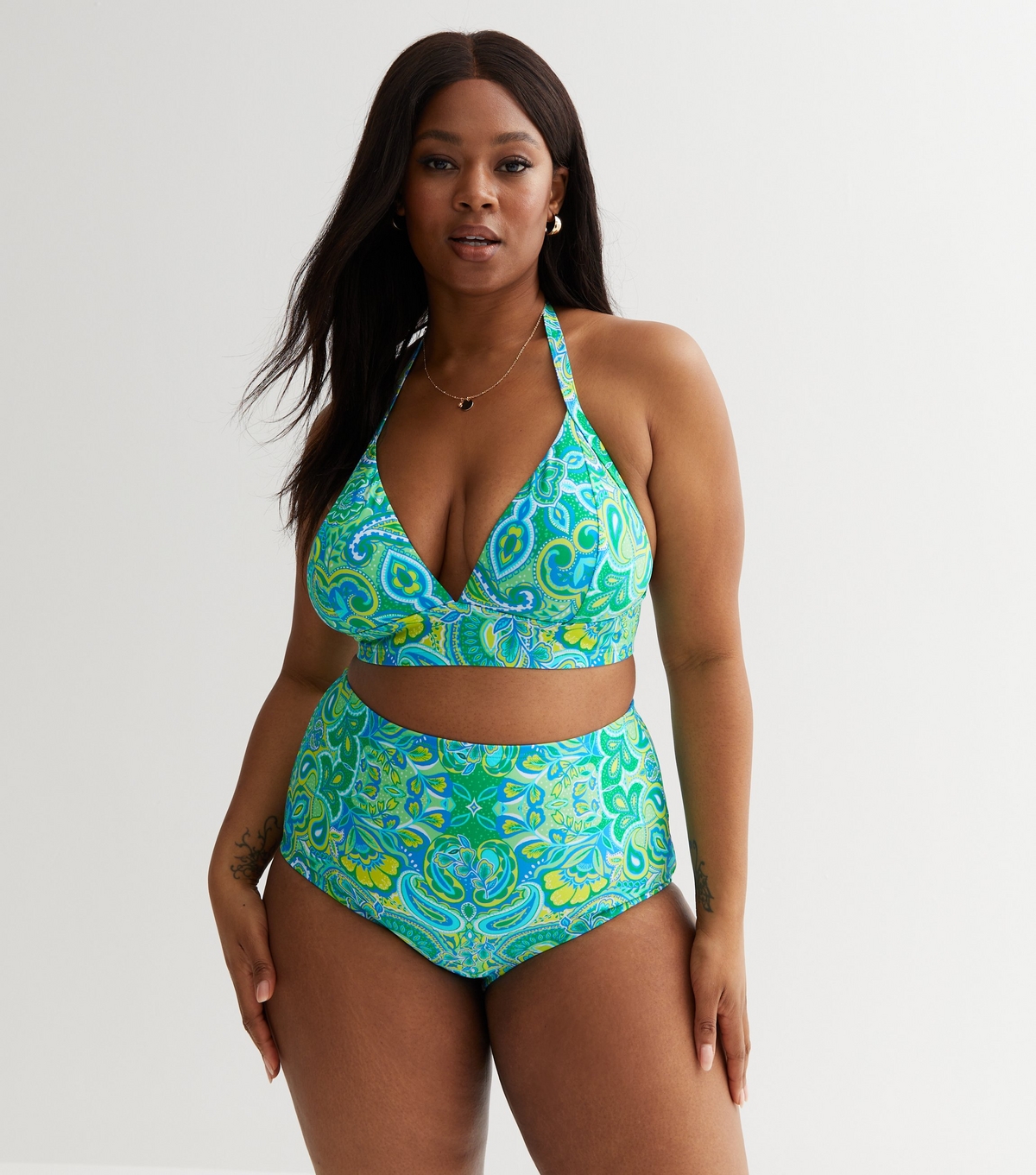 Women's Plus Size Green Paisley High Waist Bikini Bottoms Curves New Look