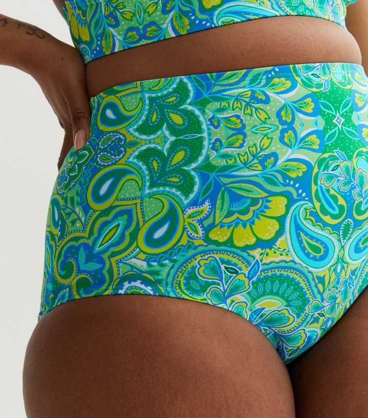 Curves Green Paisley High Waist Bikini Bottoms