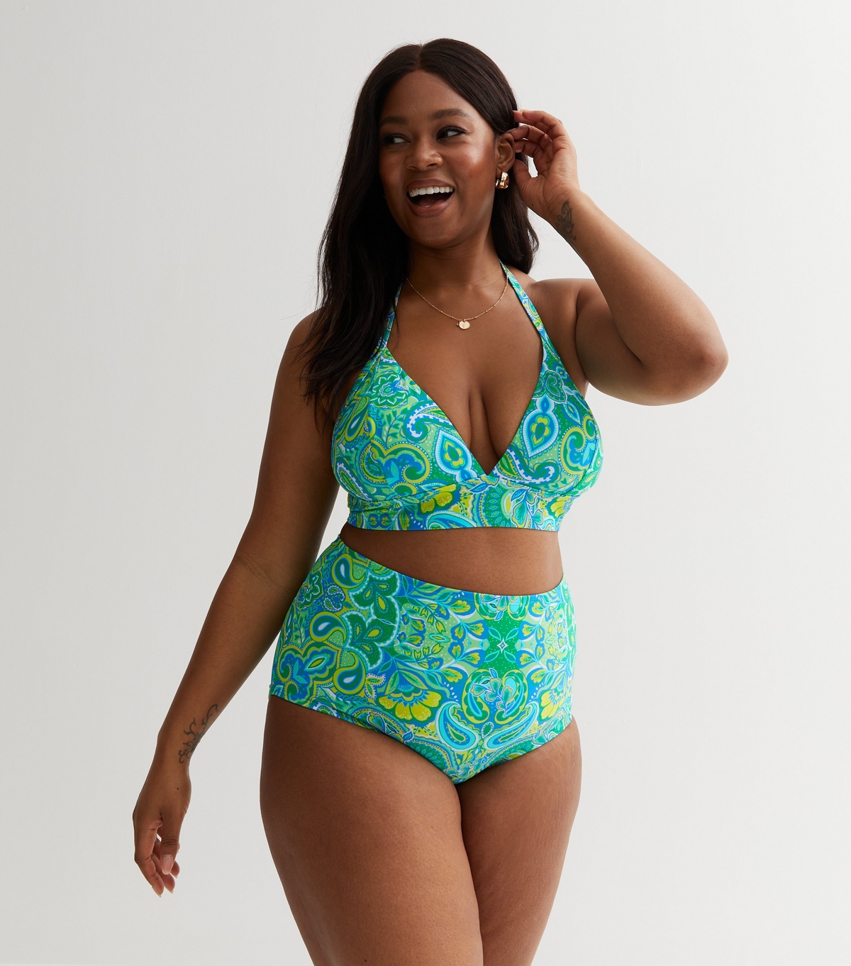 Women's Plus Size Green Paisley Long Triangle Bikini Top Curves New Look