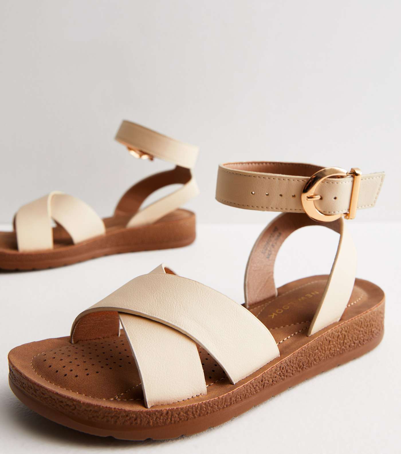 Wide Fit Off White Leather-Look Cross Strap Buckle Sandals Image 3