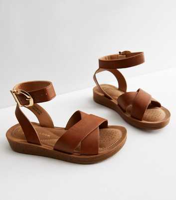 Wide Fit Tan Leather-Look Cross Strap Footbed Sandals