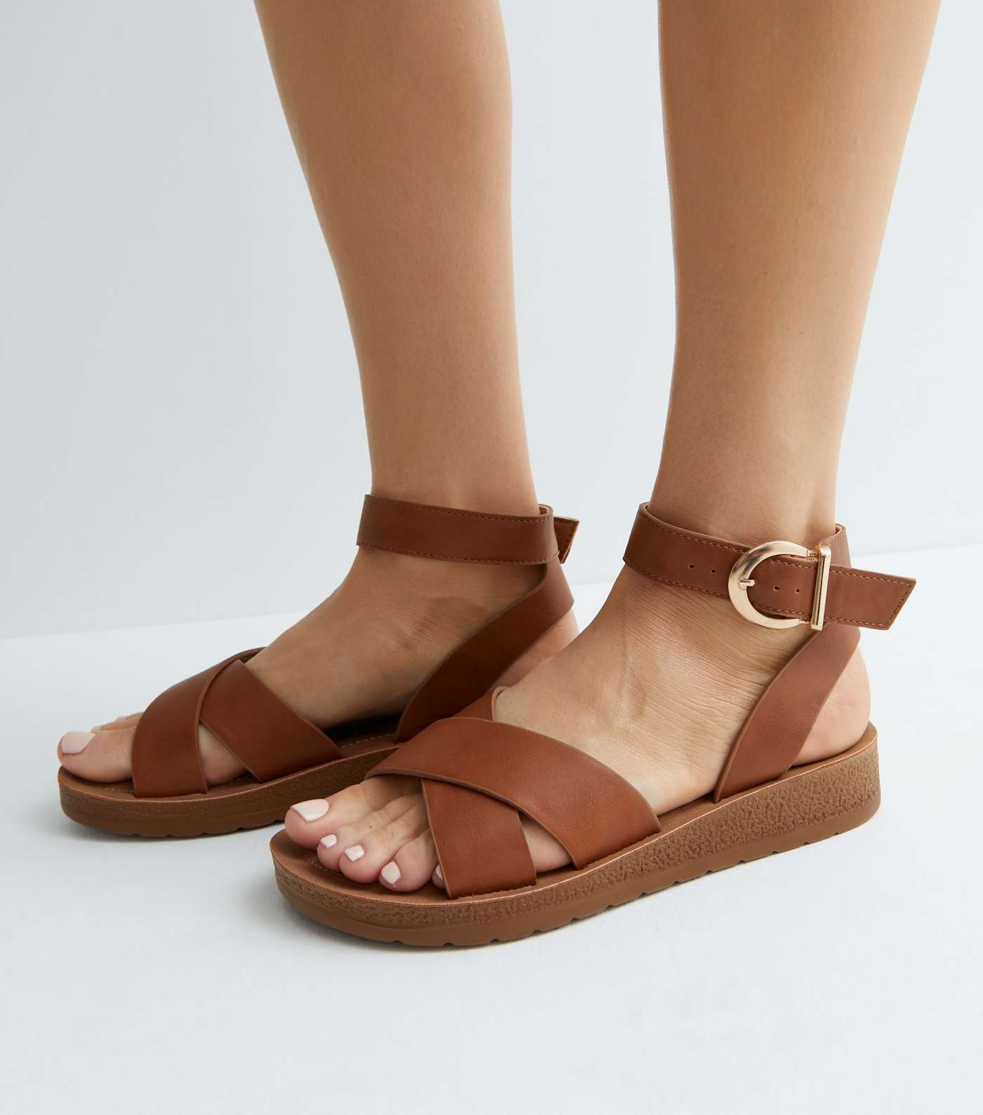 Wide Fit Tan Leather-Look Cross Strap Footbed Sandals Image 2