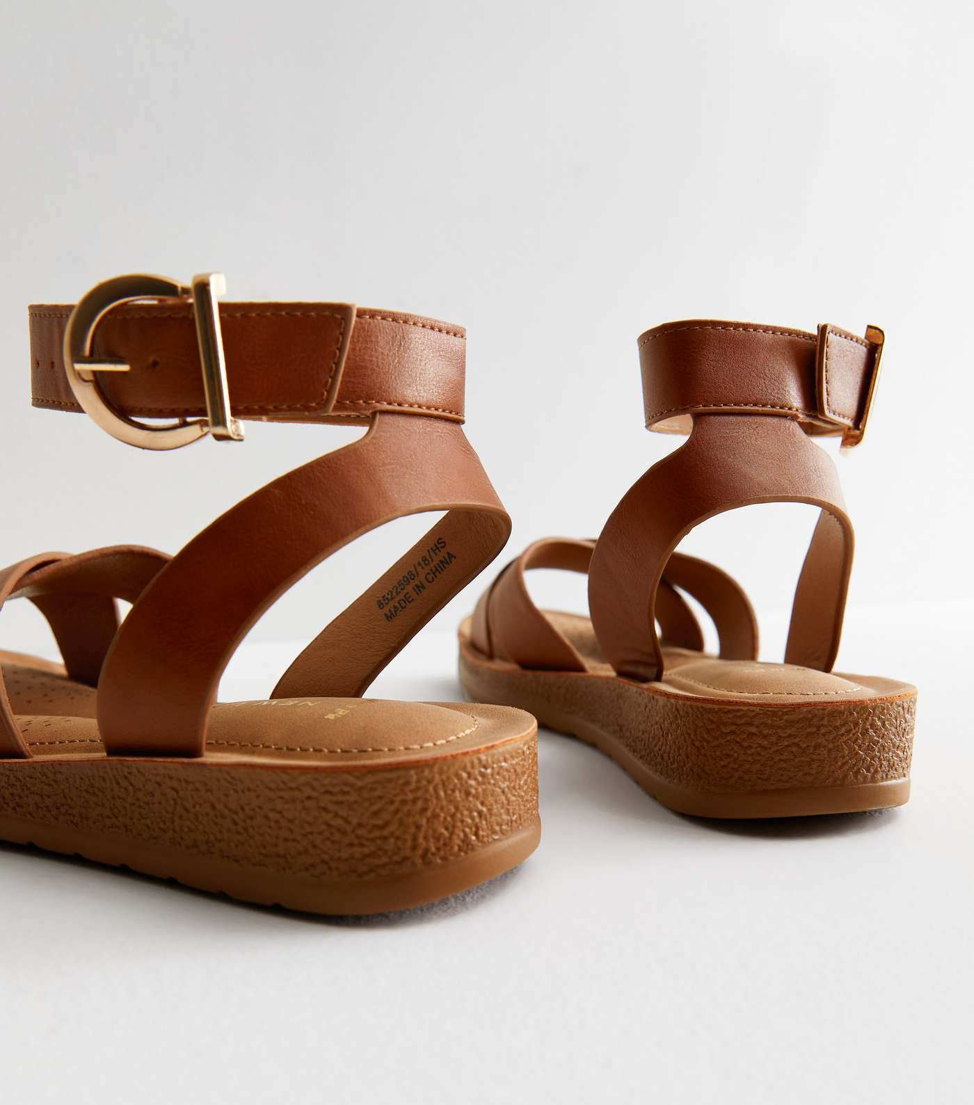 Wide Fit Tan Leather-Look Cross Strap Footbed Sandals Image 4