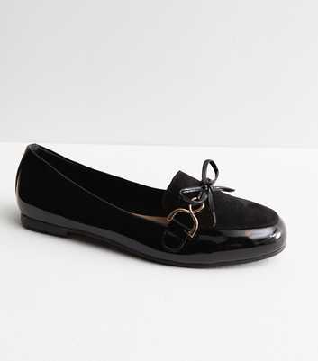 Wide Fit Black Patent Suedette Bow Loafers
