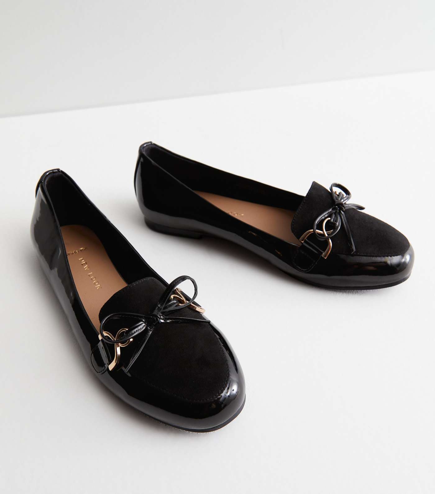 Wide Fit Black Patent Suedette Bow Loafers Image 3
