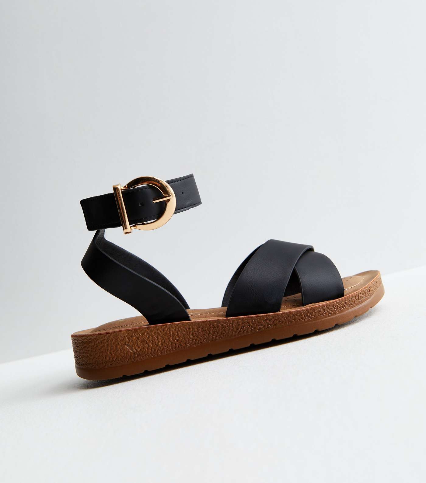 Wide Fit Black Leather-Look Cross Strap Footbed Sandals Image 3