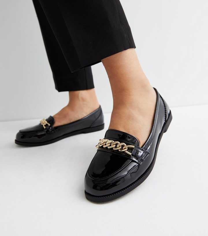 Wide Fit Black Patent Chain Loafers