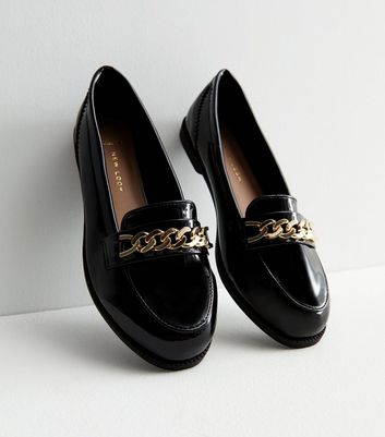 Wide Fit Black Patent Chain Loafers New Look Vegan