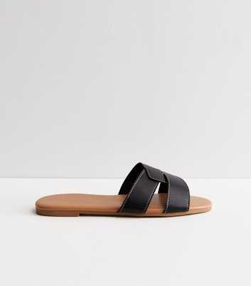Wide Fit Black Leather-Look Stitch Sliders