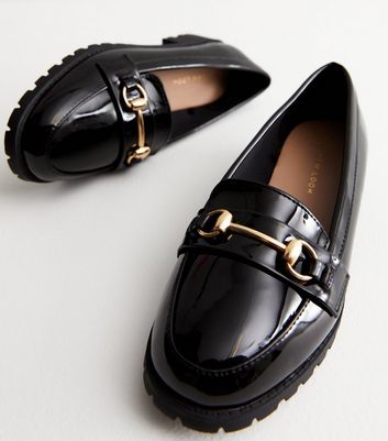 Wide Fit Black Patent Metal Trim Chunky Loafers New Look Vegan