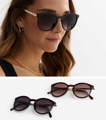 2 Pack Black and Tortoiseshell Effect Round Sunglasses